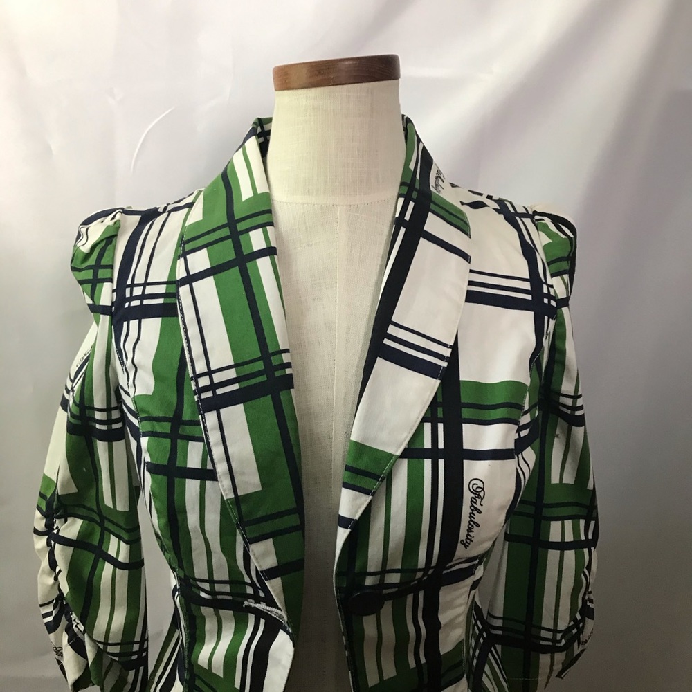 Fabulosity Blazer Plaid Green Navy 3/4 Sleeve - Picture 3 of 6